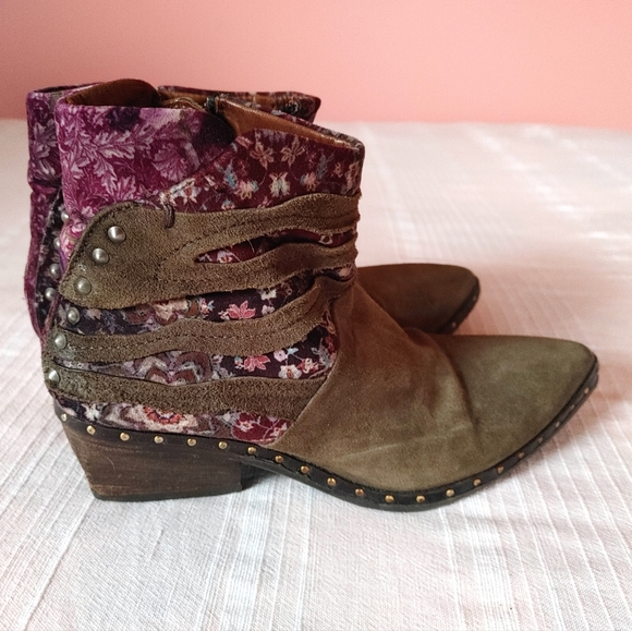Shoes - A.S.98 Women's Olive Suede Ankle Boots with Floral Accent